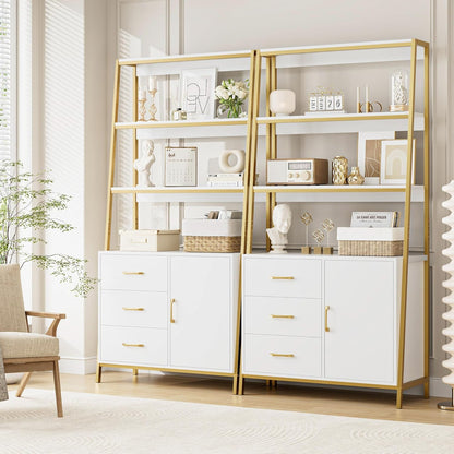 HITHOS Tall Bookshelf, Industrial Console Table with Drawers and Ladder Shelves, Free Standing Storage Cabinet Kitchen Bakers Rack with Microwave Oven Stand for Home Office, White Gold