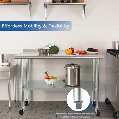 HARDURA Stainless Steel Table 30 x 60 Inches with Wheels Casters NSF Heavy Duty Commercial Prep Table with 2” Backsplash and Adjustable Undershelf for Restaurant Kitchen Home and Hotel