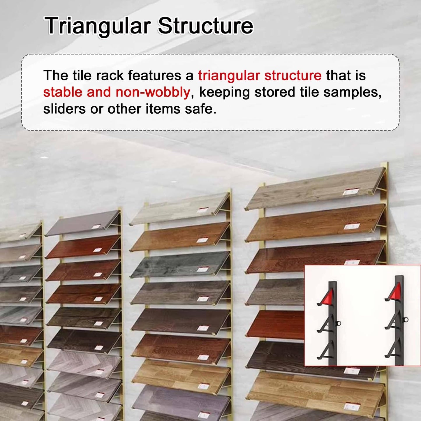 Floor Tile Sample Rack,Wall-Mounted Tile Sample Display Stand, 10-Tier Metal Rack for Retail, Heavy-Duty Floor Tile Holder, Space-Saving Wooden Shelf, 55.12x10in Storage Solution, Perfect fo