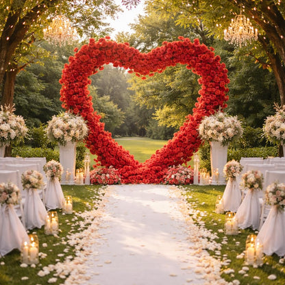 Red Artificial Floral Heart-Shaped Rose Arch Backdrop, Suitable for proposals, Anniversaries, Parties and Event Decorations (Stand not Included).