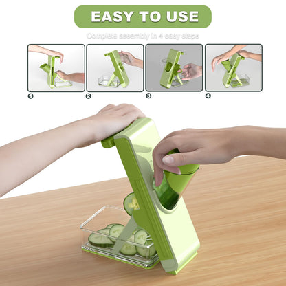 Eletronova Safe Mandoline Slicer for Kitchen, Multi Vegetable Chopper with Thickness Adjuster, Finger-Safe Food Holder, Potato/Onion/Cucumber Slicer for Fast Meal Prep, Easy Clean(Light Dark Green)