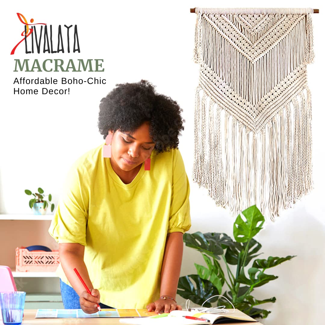 Livalaya Boho Macrame Woven Wall Hanging Beige 16 in x 36 in Modern Bohemian Tapestry wall Art Decor for House, Apartment, Dorm, Bedroom, Nursery, Party Decorations, Wedding, Wall Ornament