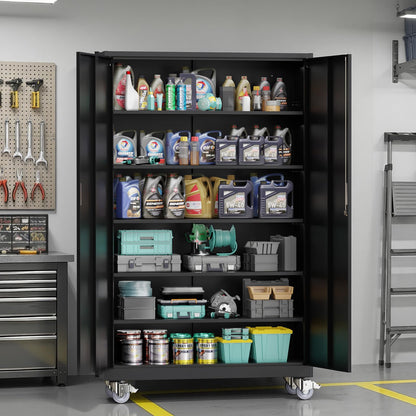 VINGLI Large Metal Storage Cabinet with 2 Doors and 5 Adjustable Shelves, Upgraded Height & Wide & Deep, 43''W x 20''D x 72''H, Oversized Garage Storage Cabinet with Wheels and Locks (Black)