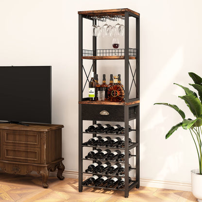 Homeiju Wine Rack Freestanding Floor, Bar Cabinet for Liquor and Glasses, 4-Tier bar Cabinet with Tabletop, Glass Holder, Storage Drawer and Wine Storage for Living Room (Patent No.D29872845)