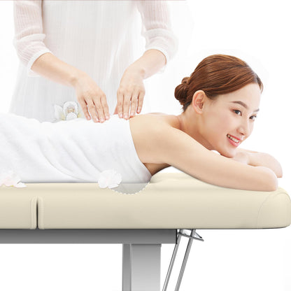 pouseayar Stationary Massage Table, 75”L 31.5''W Heavy Duty Esthetician Bed, 800LBS Metal Frame PU Leather Physical Therapy Table Spa Lash Bed Professional Equipment (Beige Grey)