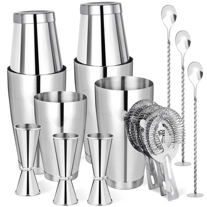 Mwellewm Cocktail Shaker Boston Shaker Set 15 Pcs Professional Bartender Kit Bar Shaker Stainless Steel Drink Shaker Bartending Martini Shaker Tin Mixed Alcohol Shaker Tool for Beginner(Silver)