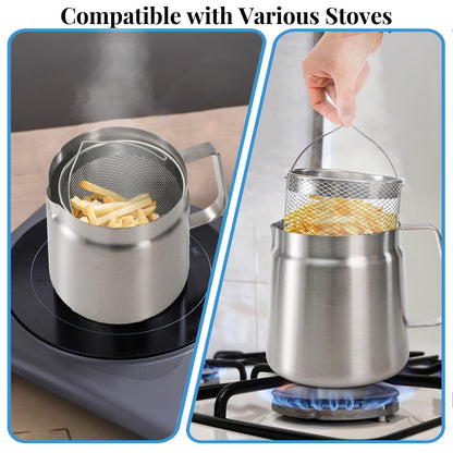 ZAVOOS 304 Stainless Steel Oil Filter Pot, 68 Oz Deep Fryer Pot with Strainer Basket, Versatile Large Capacity Bacon Grease Container Cooking Oil Saver for Kitchen, Restaurant, Camping