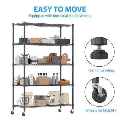 Homdox 5 Tier Storage Racks and Shelving, 24"x60"x82" Heavy Duty Metal Shelves for Storage, 3000LBS Commercial Adjustable Wire Shelving Unit on Wheels for Garage, Pantry, Kitchen, Warehouses, Black