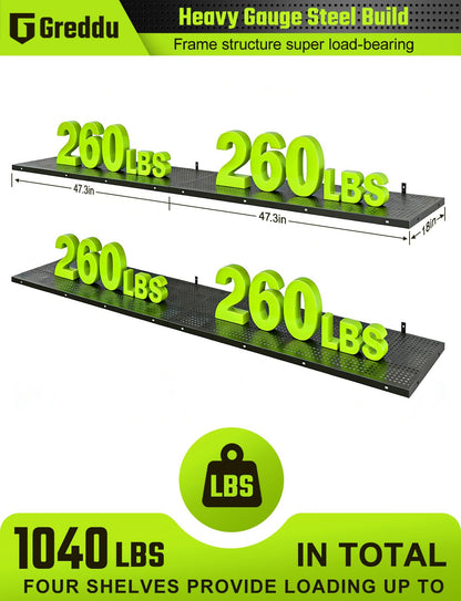 4-Pack 1.5x4ft Heavy Duty Garage Shelving Wall Mounted, 520 Pounds Total Load Capacity, Garage Shelves with Hooks, Black