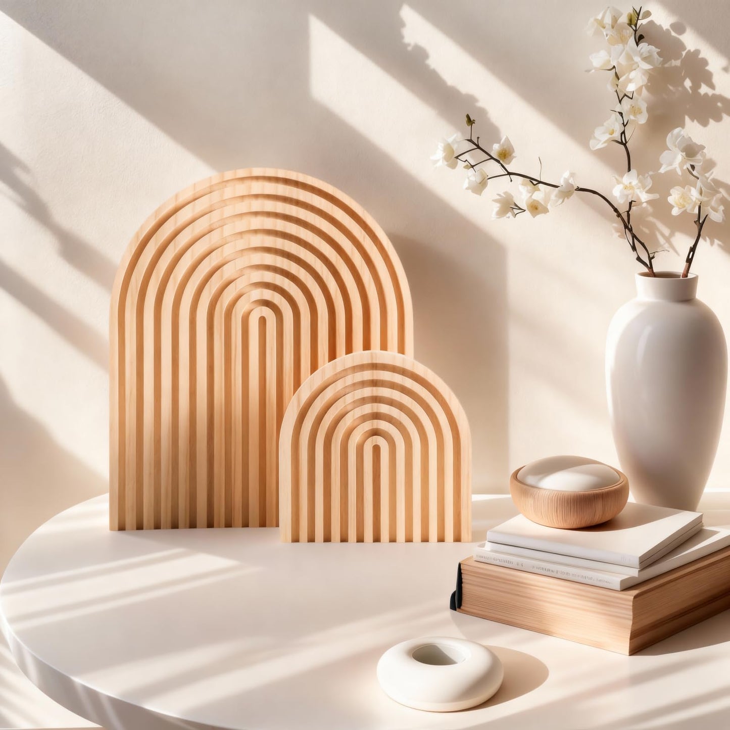 Nawwoo 2 Pcs Natural Wood Arch Decor, Boho Shelf & Serving Board for Fireplace Mantel, Kitchen Counter - Light Pine Finish, Scandinavian & Japandi Style Aesthetic Accents for Living Room, Home Office