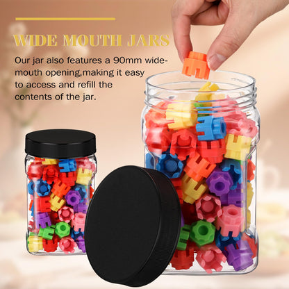 Geiserailie 6 Pcs Square Clear Plastic Jars with Pinch Handle Plastic Storage Container with Screw-on Lids Reusable Wide Mouth Canisters for Dry Good Peanut Cookies Candy (32 oz,Black Lids)