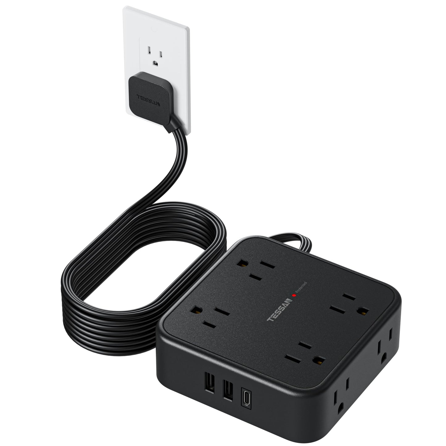 TESSAN Surge Protector Power Strip, 5 Ft Flat Plug Extension Cord with 3 USB (1 USB C) 8 Outlets, 900J Surge Protection, 3 Sided Outlet Extender with Power Switch for Office, Dorm Room Essentials