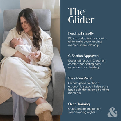 Nurture& The Glider Premium Power Recliner Nursery Glider Chair with Adjustable Head Support | Designed with a Thoughtful Combination of Function and Comfort | Built-in USB Charger (Gray)