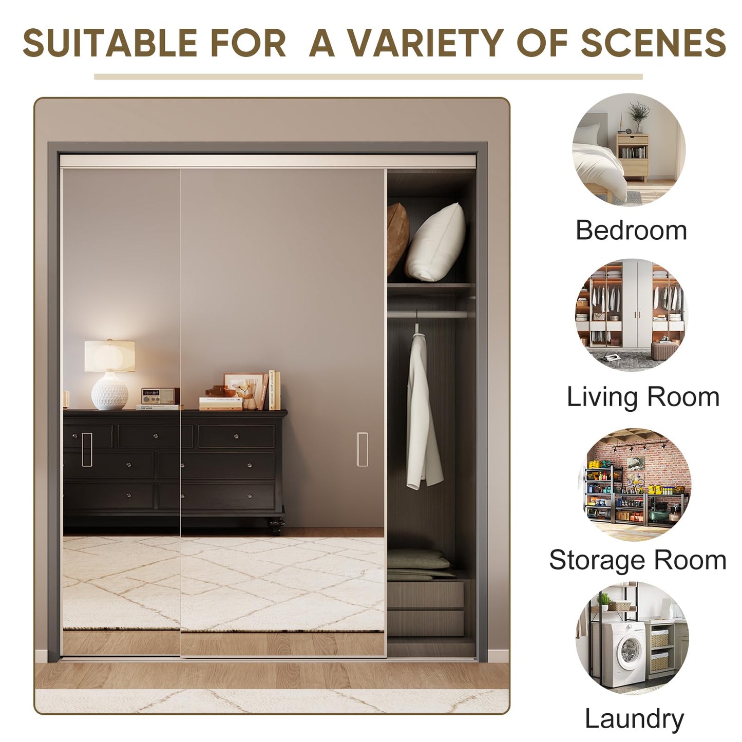 JUBEST Mirror Closet Doors, 72''x80'' One Side Sliding Closet Door with Hardware Kit, Interior Steel Frame Bypass Sliding Door for Closet, Easy to Install
