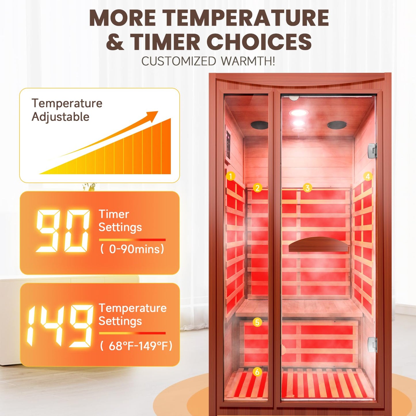OUTEXER Far Infrared Sauna Home Sauna Spa Room for 1-2 Person Low-EMF Canadian Hemlock Wood 1550W Indoor Saunas with 7 Color Light 39.3 * 35.4 * 74.8Inch
