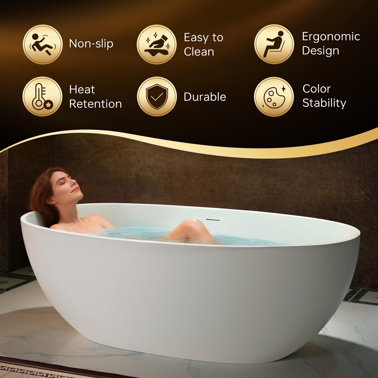 WOODBRIDGE 67" Stone Resin Freestanding Soaking Tub, Modern Oval Solid Surface Bathtub with Integrated Slotted Overflow & Drain, Matte White