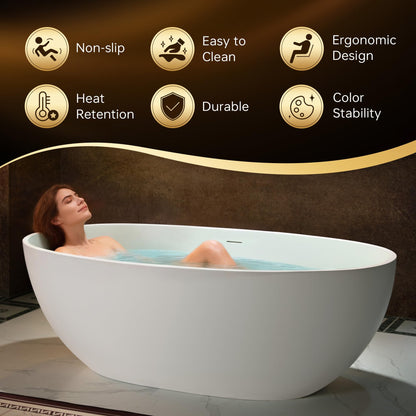 WOODBRIDGE 67" Stone Resin Freestanding Soaking Tub, Modern Oval Solid Surface Bathtub with Integrated Slotted Overflow & Drain, Matte White