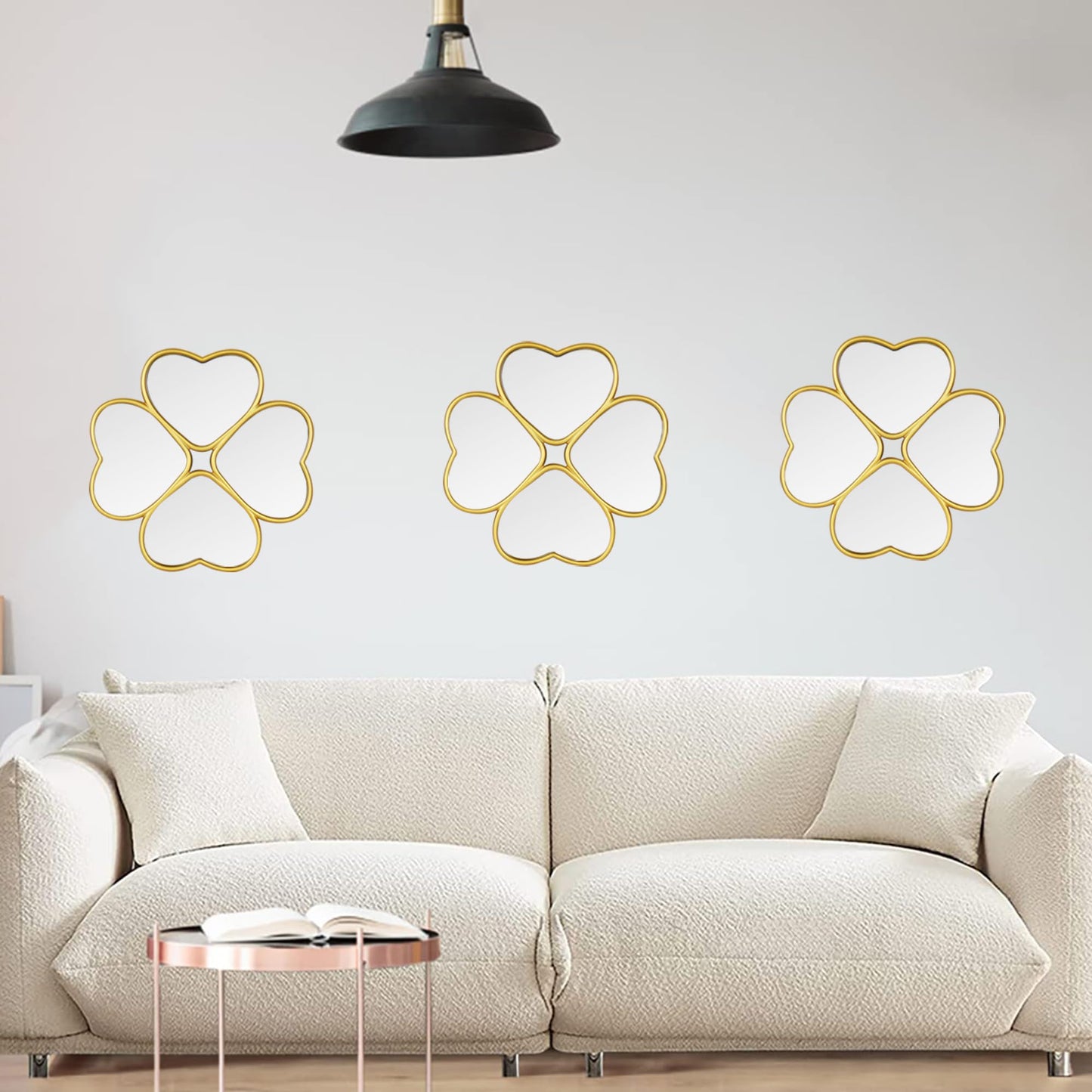 LuHeToz Small Decoritive Heart Wall Mirrors Set of 3, Decorative Four-Leaf Clover Mirror (Gold)