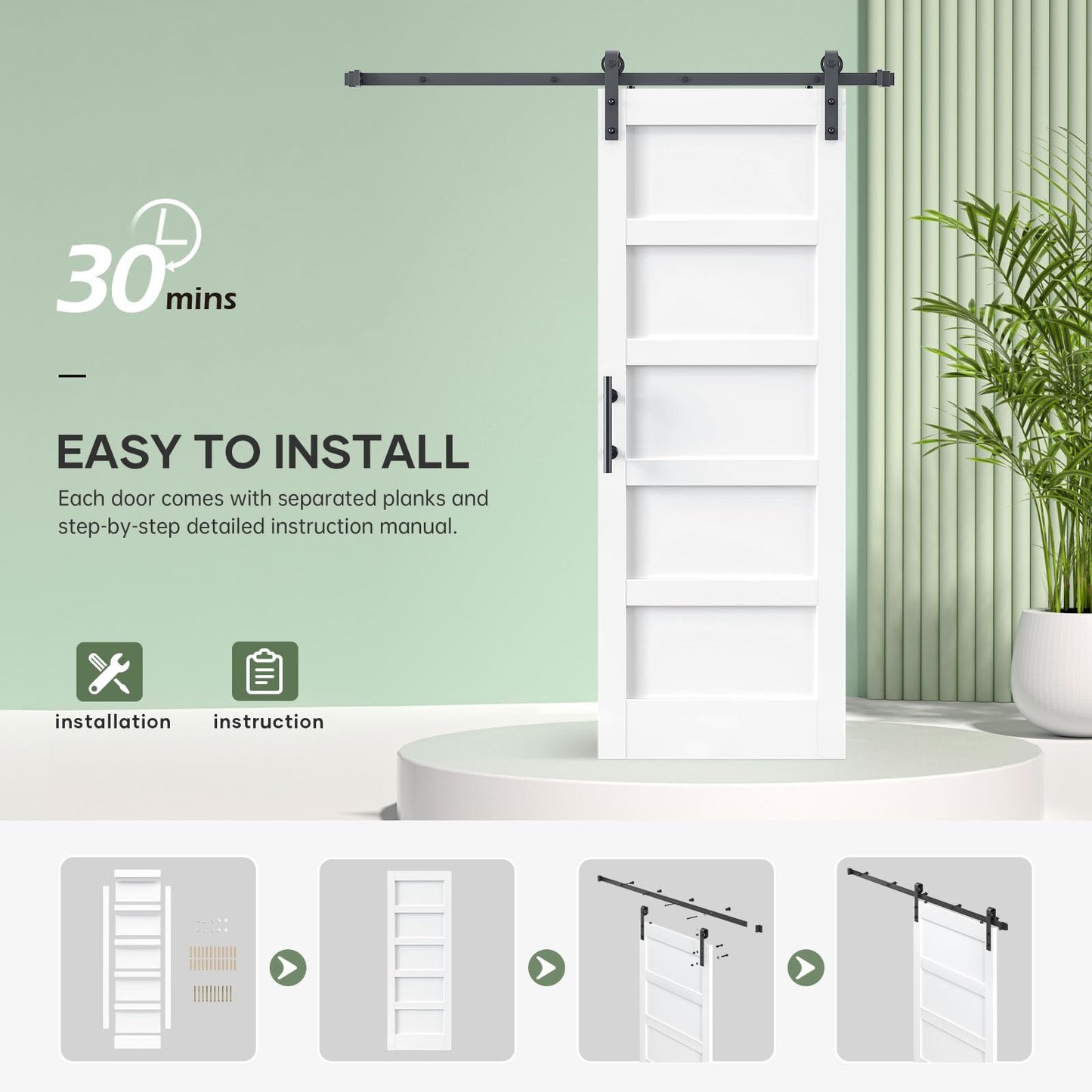 ROYMELO 32x80 Inch White Sliding Barn Door Slab with 5.5ft Hardware Kit Included, 5-Panel, MDF Wood Panel Covered with Water-Proof Scratch-Proof PVC Surface, Simple DIY Assembly