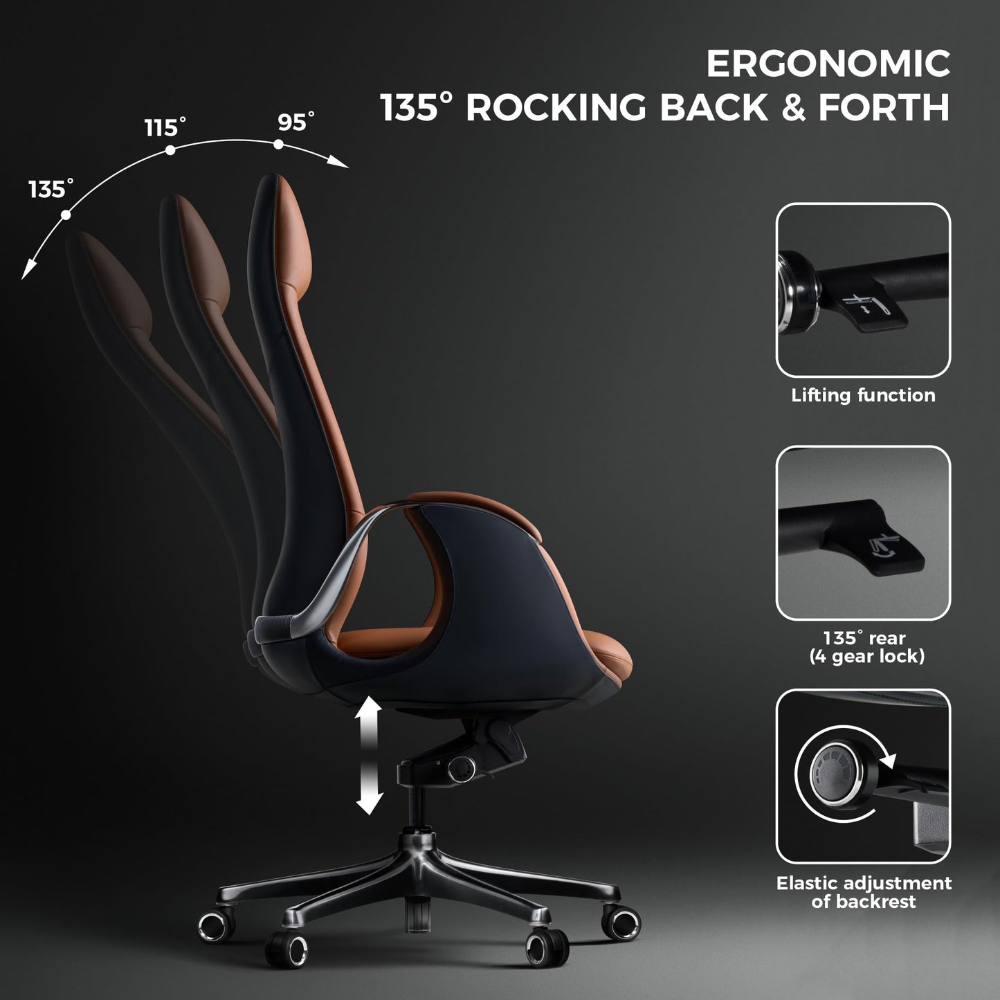 TOMU Top Grain Genuine Leather Executive Office Chair Brown, Luxury Office Chair with Aluminum Sturdy Base, High Back Ergonomic Boss Chair for Long Hours, Reclining and Rolling smoothly, (Brown)