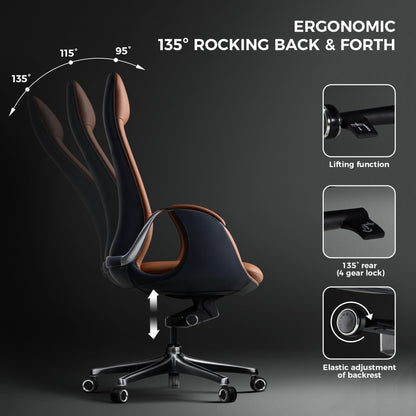TOMU Top Grain Genuine Leather Executive Office Chair Brown, Luxury Office Chair with Aluminum Sturdy Base, High Back Ergonomic Boss Chair for Long Hours, Reclining and Rolling smoothly, (Brown)