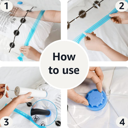 Amazon Basics Vacuum Compression Space Saving Storage Bags with Hand Pump for Clothes Packing, Jumbo, Clear, Pack of 6