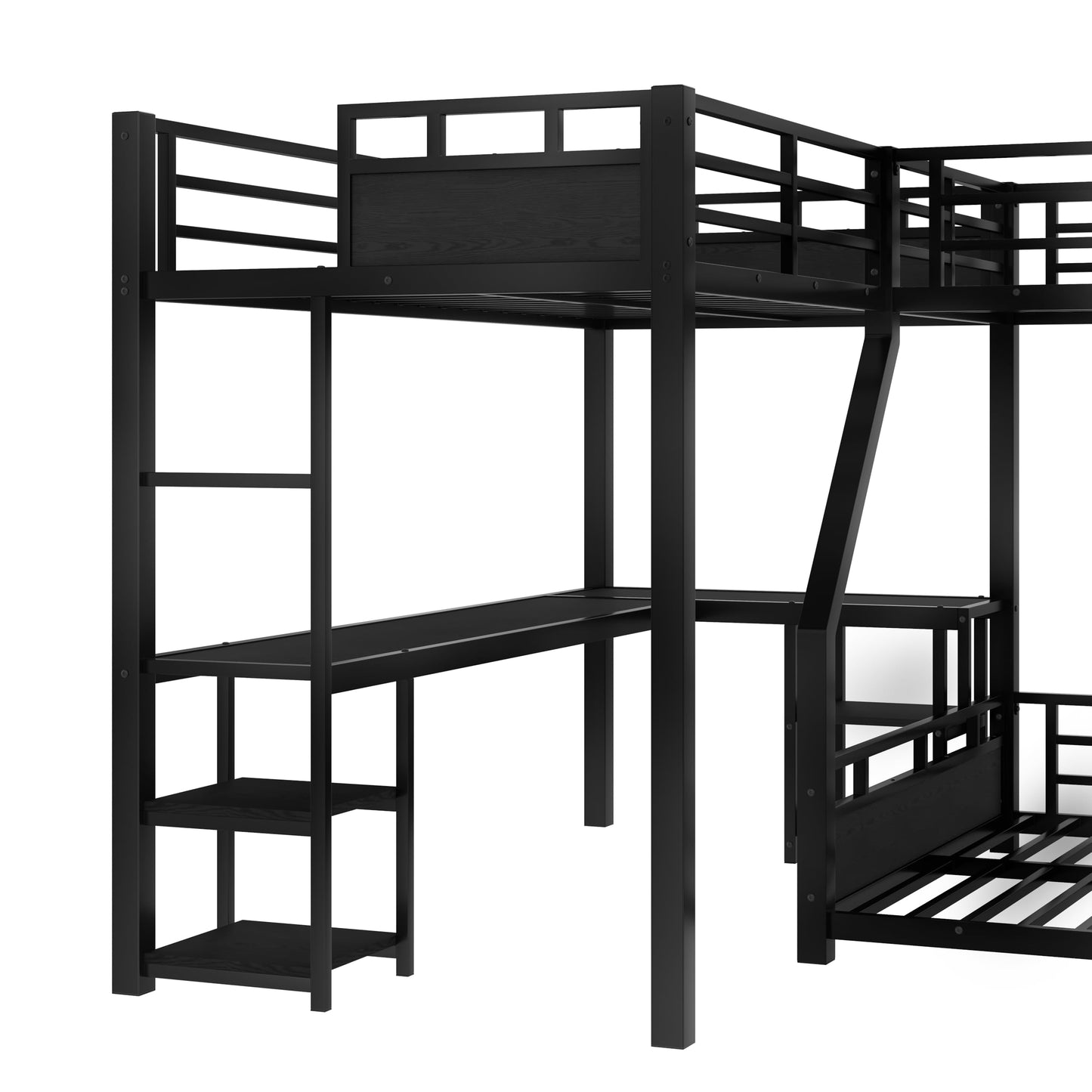 Metal Twin XL Over Queen Bunk Beds with Twin XL Loft Bed, Heavy Duty Triple Bunk Bed Frame with Slide and Desk,L-Shaped Triple Bunk Beds with Storage Shelves for 3 Kids,Black