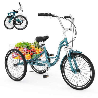 EOYOBIKE Adult Folding Tricycle, 7-Speed 3-Wheel Cruiser Bike with Low Step-Through Frame, Large Rear Basket, Adjustable Seat, 20/24/26 Inch Options