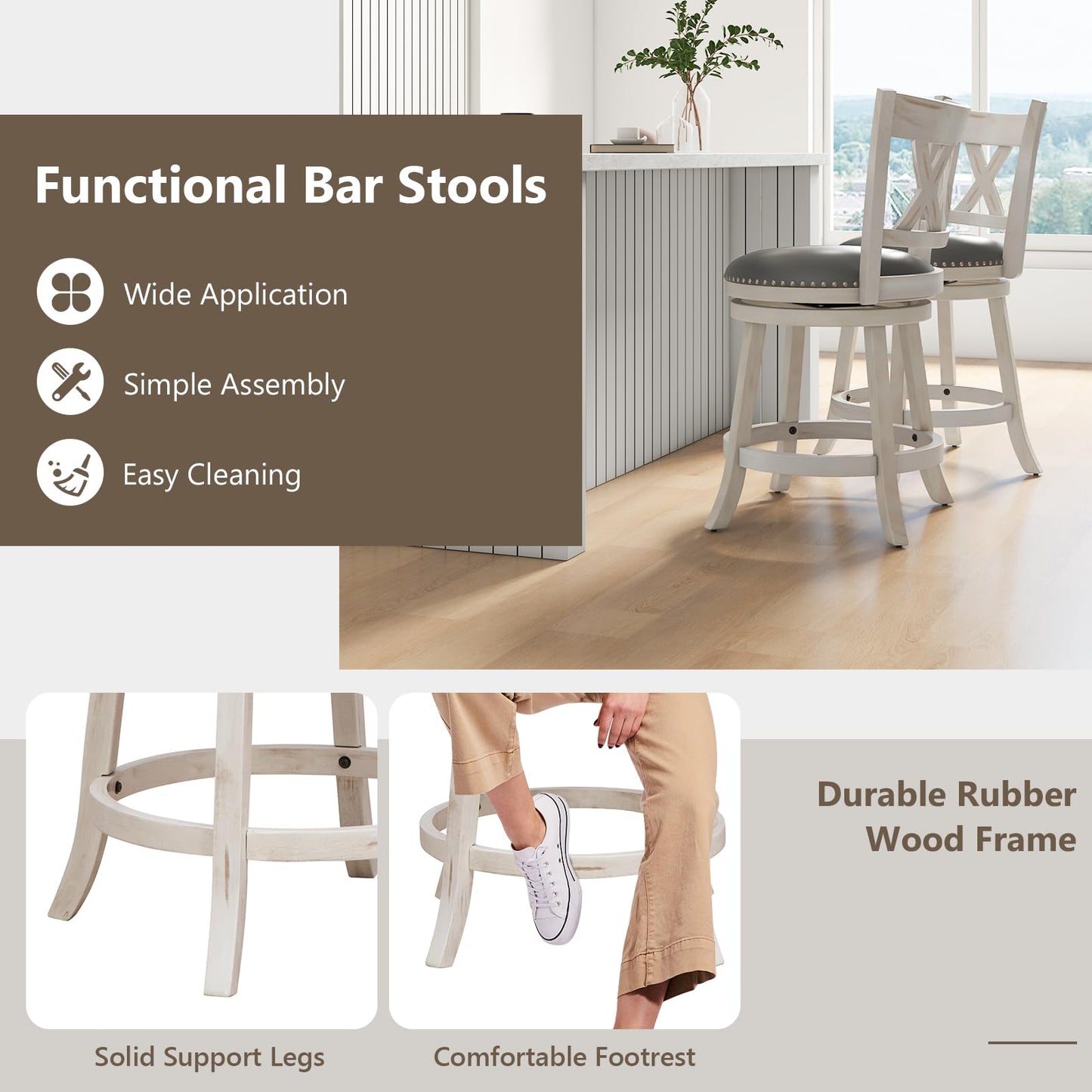 COSTWAY Bar Stool Set of 4 for Kitchen Island, 25.5” Swivel Armless Counter Height Stools with 20'' Wider Padded Seat, Ergonomic Curved Backrest, Rubber Wood Frame (4, Antique White + Gray)