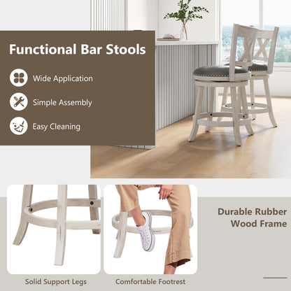 COSTWAY Bar Stool Set of 4 for Kitchen Island, 25.5” Swivel Armless Counter Height Stools with 20'' Wider Padded Seat, Ergonomic Curved Backrest, Rubber Wood Frame (4, Antique White + Gray)