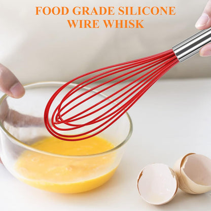 NileHome Commercial Stainless Steel Whisk Set, 3 Pack Small Whisks (8" 10" 12") with Silicone Non-Stick Coating (Red)