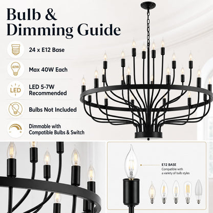 Shandaglo Large Black Chandelier 24-Light, Round 3-Tier Wagon Wheel Fixture, 39 in Farmhouse Candle Pendant with E12 Base for Dining Room, Foyer, Living Room, Hallway, High Ceiling