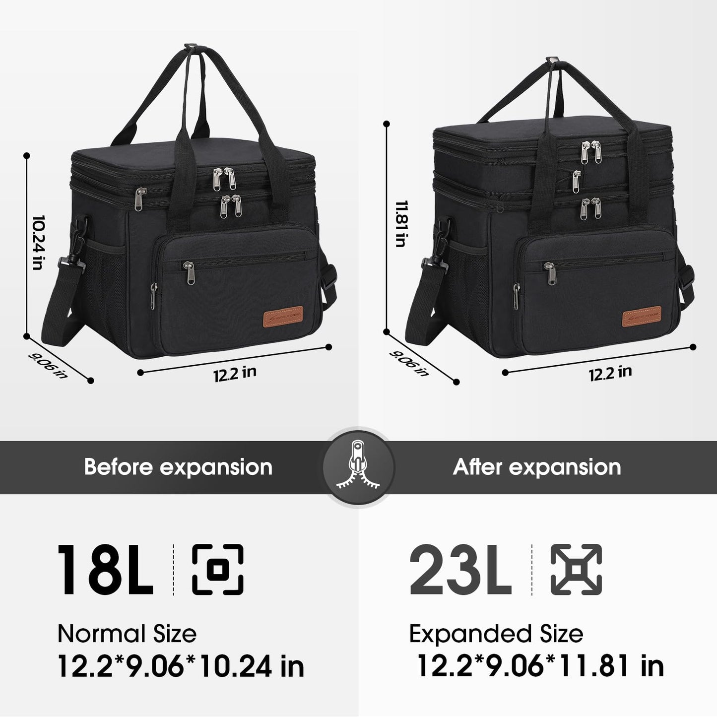 Maelstrom Lunch Box, 23L Insulated Lunch Bag, Expandable Double Deck Cooler Bag, Lightweight Leakproof Tote Bag With Side Tissue Pocket, Suit For Men and Women (A. Black)