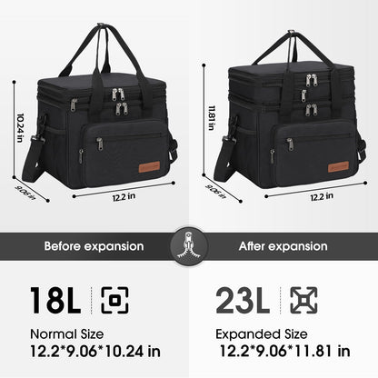 Maelstrom Lunch Box, 23L Insulated Lunch Bag, Expandable Double Deck Cooler Bag, Lightweight Leakproof Tote Bag With Side Tissue Pocket, Suit For Men and Women (A. Black)