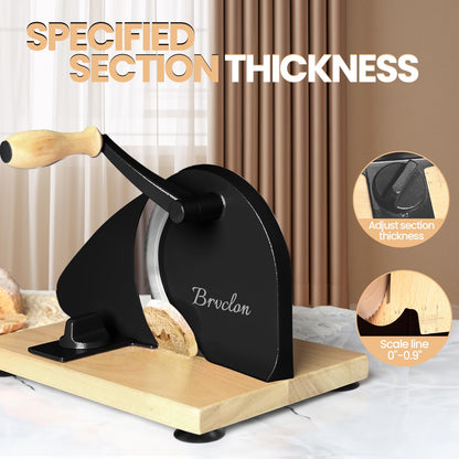Brvclon Manual Bread Slicer for Homemade Sourdough,Adjustable Thickness,Hand Crank Bread Slicer with Stainless Steel Blade, Aluminum Alloy Frame & Solid Wood Base with Natural Wood Veneer Finish