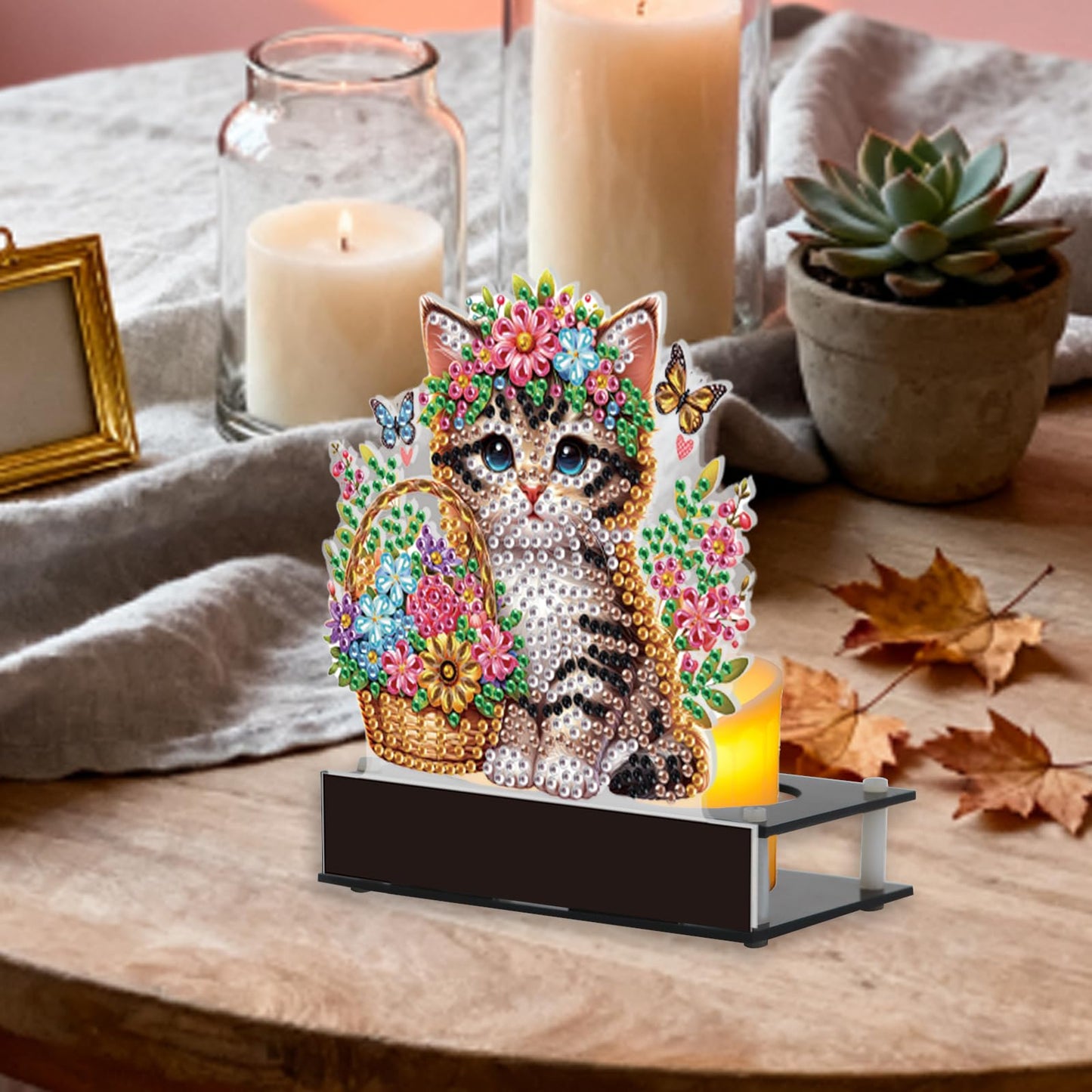 JISHSHAY Diamond Art Candle Holder Cat Diamond Painting Candlestick Holders Animal Gem Painting Candle Stand Flower Gem Art Candleholders Embroidery Kit Mosaic Kits for Adults Desktop Decoration