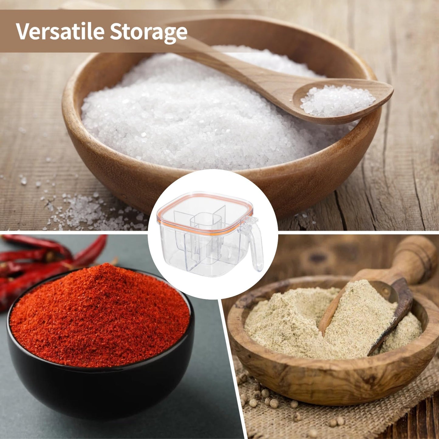 Homaisson 2 Pcs 4-Compartment Seasoning Boxes, Sealed Seasoning Containers with Lids & Spoons, Transparent Spice Organizers, Space-Saving Condiment Jars for Salt, Sugar, Pepper