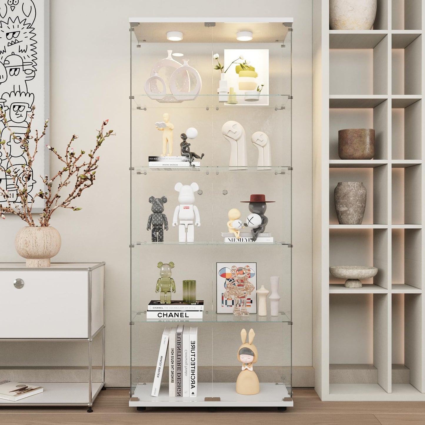Beauty4U Glass Display Cabinet with Lights, 5 Shelves with 2 Doors, Curio Cabinets for Living Room, Bedroom, Office, White Floor Standing Glass Bookshelf, Quick Installation