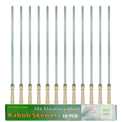 JOWHONK 23.5" Large Skewers for Grilling,304 Stainless Steel 0.4 inch Wide Kabob Skewers with Wooden Handle,Heavy-Duty Flat Metal Kebab Skewer,BBQ Barbecue Skewer Reusable for Outdoor Grill-12PCS