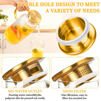 2 Pack Glass Pitcher with Lid, 68 oz/2 Liter Vertical Stripe Round Pitcher with Handle, Heat Resistant, Suitable for Refrigerator Storage, Iced Tea, Coffee, Lemonade, Juice, and Beverage Container