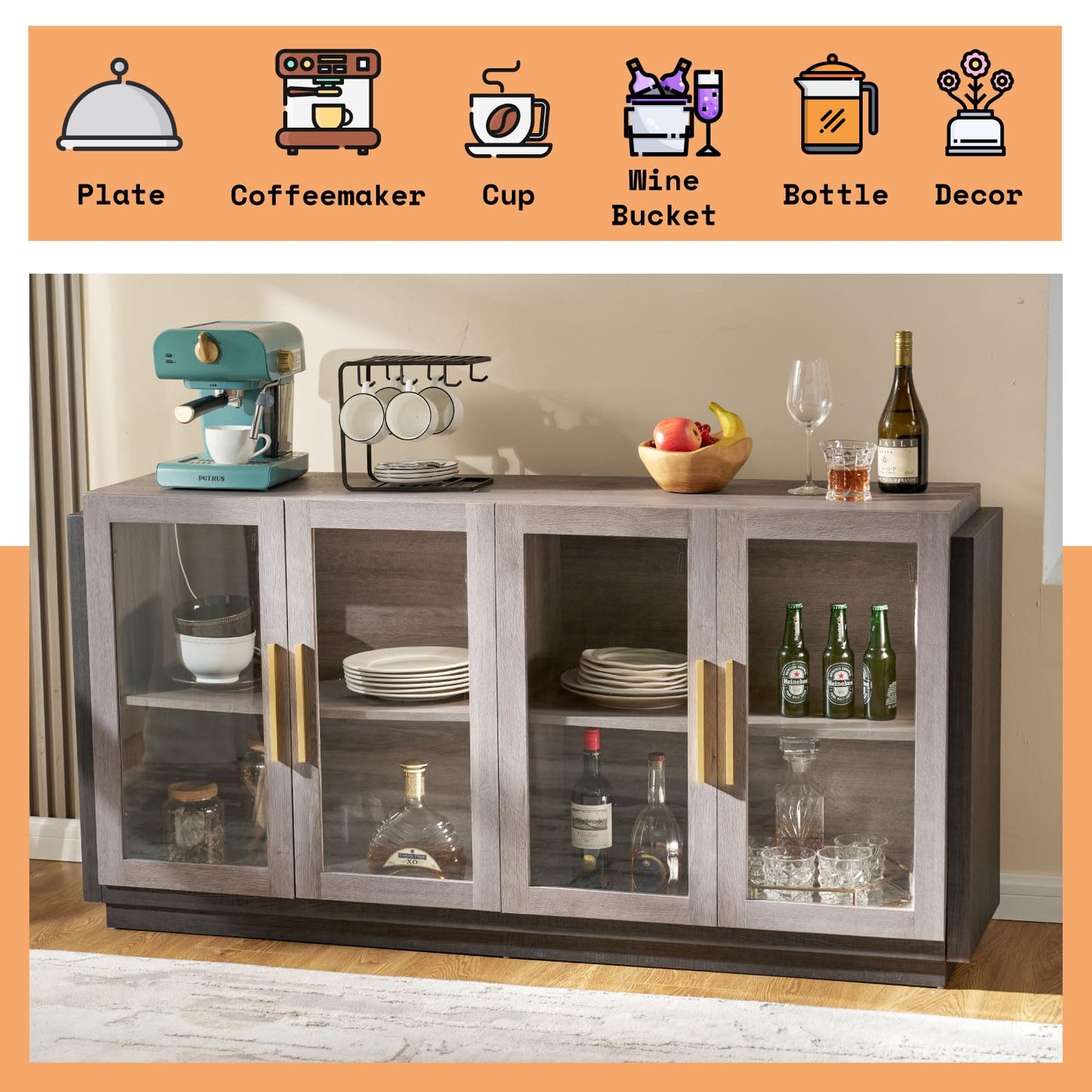 AMERLIFE Sideboard Buffet Cabinet with LED Lights, Mixed Color Accent Cabinet with Glass Doors and Adjustable Shelf, Hallway Storage Cabinets Console Table for Living Room, Dining Room, Black and Gray