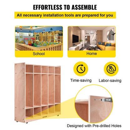 VEVOR Wooden Storage Cabinet, 5-Section Storage Locker with 10 Cubbies Shelf, Multi-Compartment Cubby Shelf with 5 Hooks for School, Classroom, Daycare, Home and Preschool