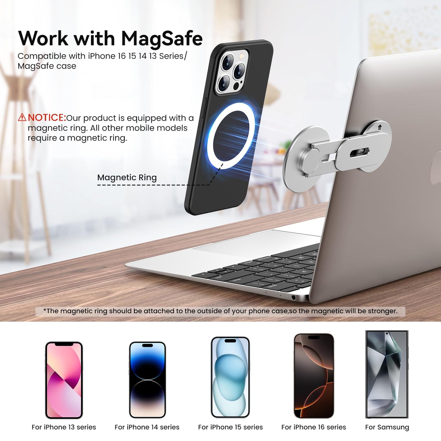 Magnetic Phone Holder for Laptop for MagSafe for iPhone 17/16/15/14/13/12 & All Phones, 180°Adjustable Phone Side Mount for Computer Monitor for Tesla, Desktop Cell Phone Bracket, Gray