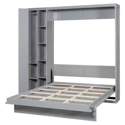 Ball & Cast Murphy Bed Queen Size Wall Chest with Shelves and 4 Drawers,Wood Hideaway Cabinet Platform Bedframe w/LED Lights,can be Folded,Space-Saving,for Small Room,Dorms,Gray