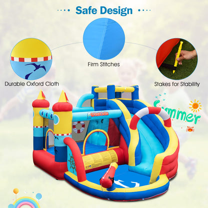 OLAKIDS Inflatable Water Slides, Nautical Themed Bouncy House with Slide, Splash Pool, Climbing Wall, Water Gun, Outdoor Jumping Castle with Hose, Carry Bag, Repairing Kit, Stakes