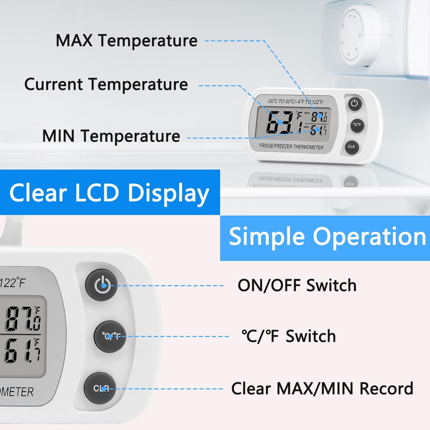 Lasubst Digital Refrigerator Thermometer 2 Pack for Fridge Freezer Cooler Waterproof, White