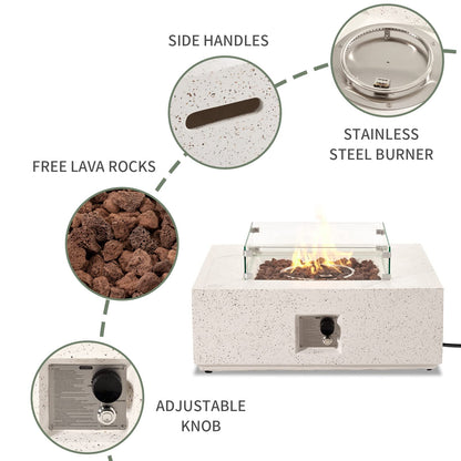 COSIEST 35-inch Square Outdoor Sandstone Propane Fire Pit w Wind Guard and Side Table, Certified, 50,000 BTU Stainless Steel Burner, Free Lava Rocks and Rain Cover, Metal Lid(Beige)