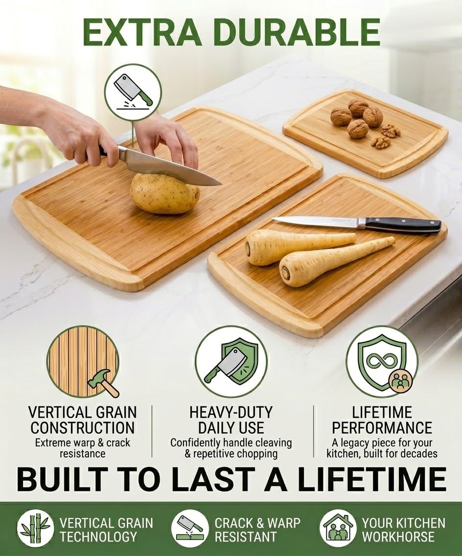 Greener Chef Luxury XL Bamboo Cutting Board Set of 3 with Vertical Grain Strength Technology - Extra Large Wood Cutting Boards for Kitchen and Lightweight Chopping Board Set - Replacements for Life