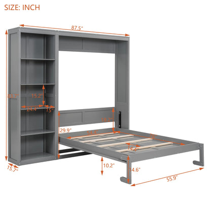 KTATK Full Size Murphy Bed with Five-Layer Cabinet,Solid Wood Storage Hidden Wall Beds Frame,W/Dual Piston Metal Folding Mechanism Designed,Space-Saving,for Home Office,Study,Guest Room,Gray