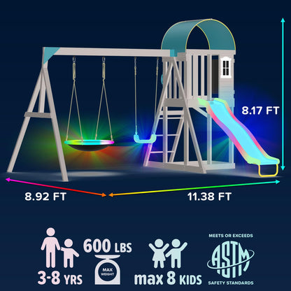 Sportspower Amelia Galaxy Cedar Wooden Swing Set for Night Play with 2 LED Swings, Play Fort with Sandbox, Heavy Duty Double A-Frame, on 6ft LED Slide, Bonus Anchor Kit